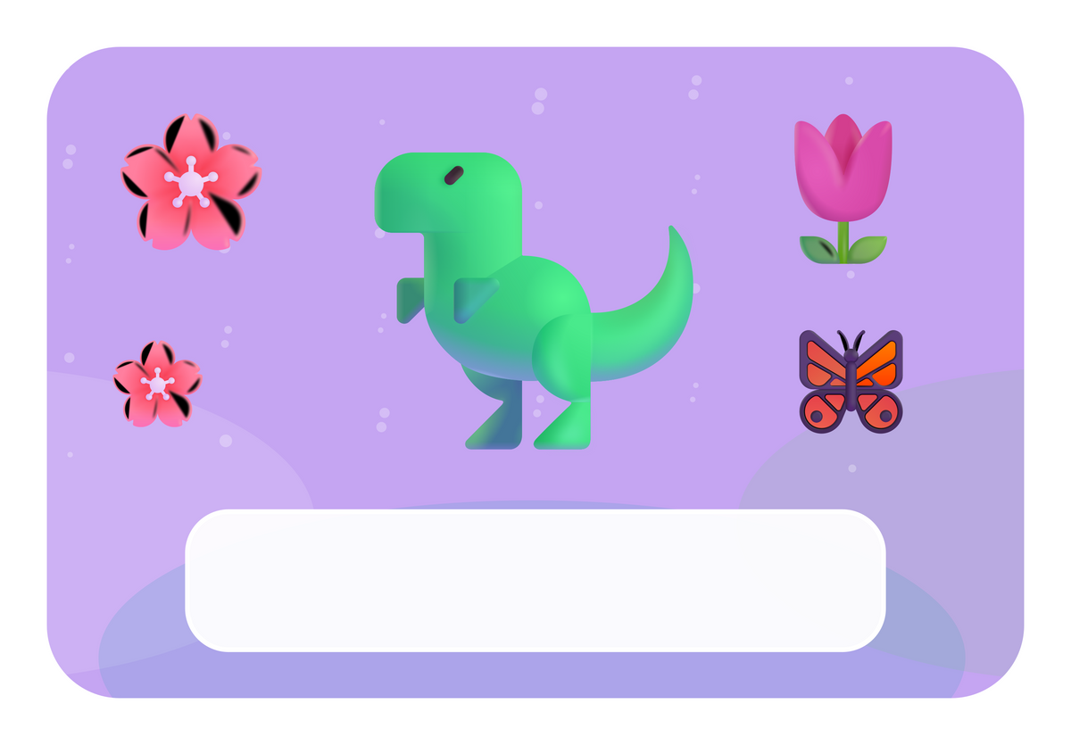 Naambordje Dino & Bloemenfeest — lila achtergrond en leeg naamvlak