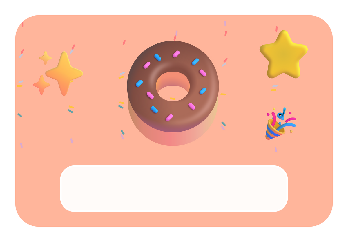 Naambordje Donut & Confettiregen — perzik achtergrond en leeg naamvlak