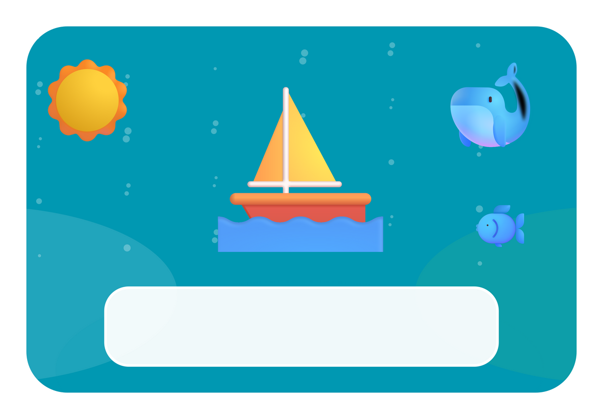 Naambordje Zeilboot & Zonnestralen — turquoise achtergrond en leeg naamvlak