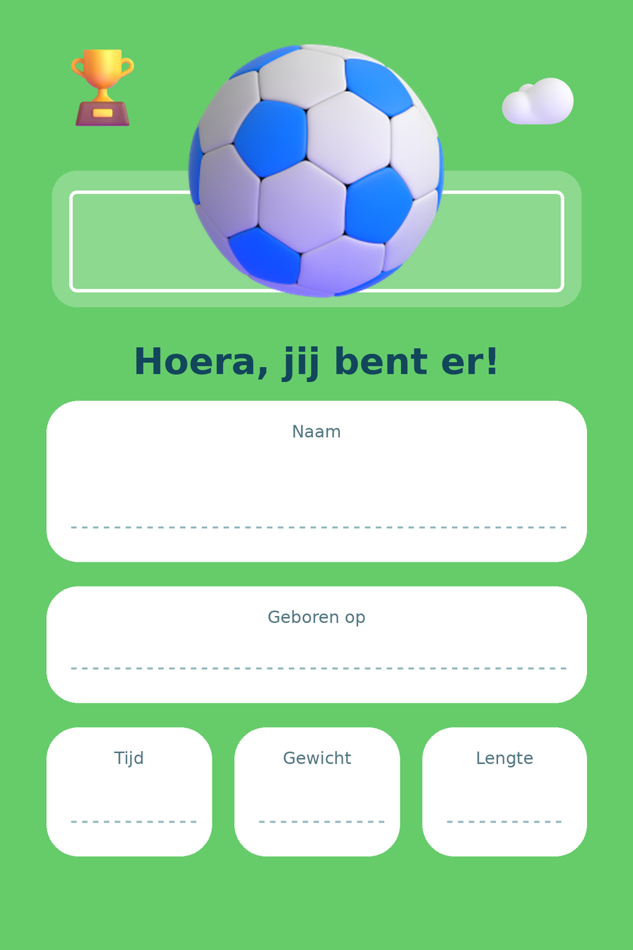 Geboortebord Voetbal & Kampioenen — met lege gegevensvelden