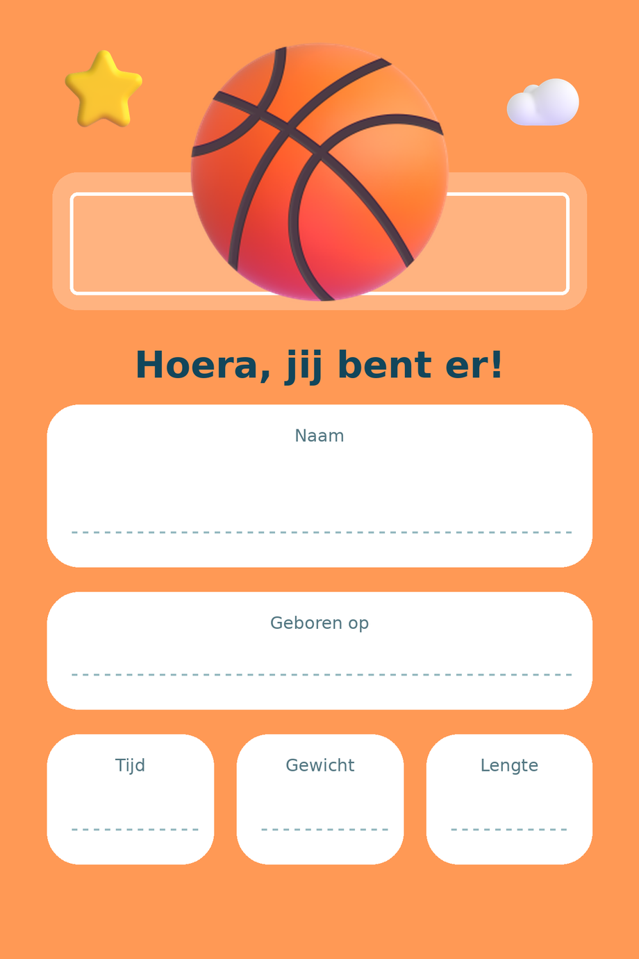 Geboortebord Basketbal & Sterren — met lege gegevensvelden