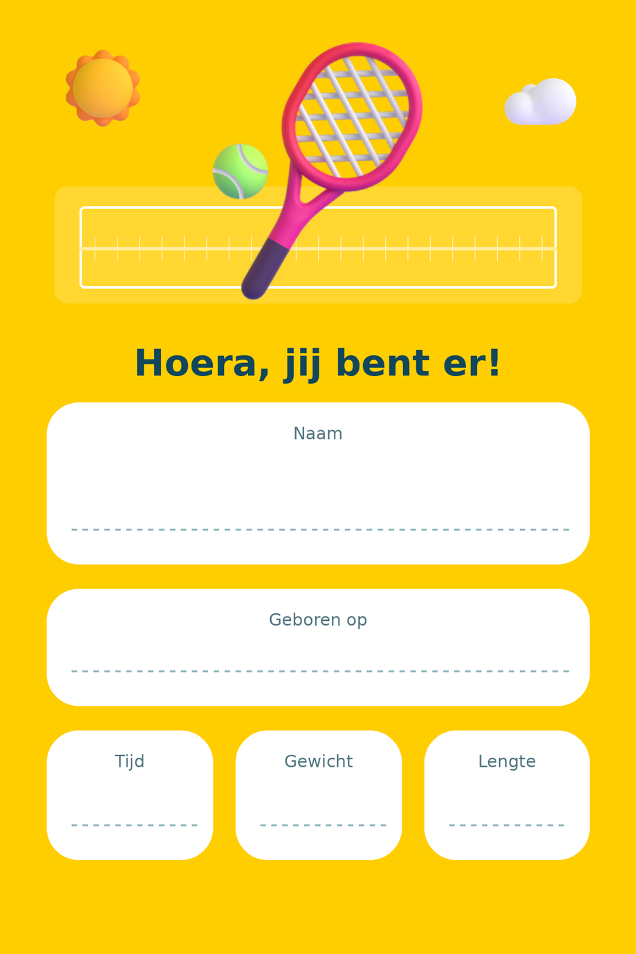 Geboortebord Tennis & Zomerdag — met lege gegevensvelden