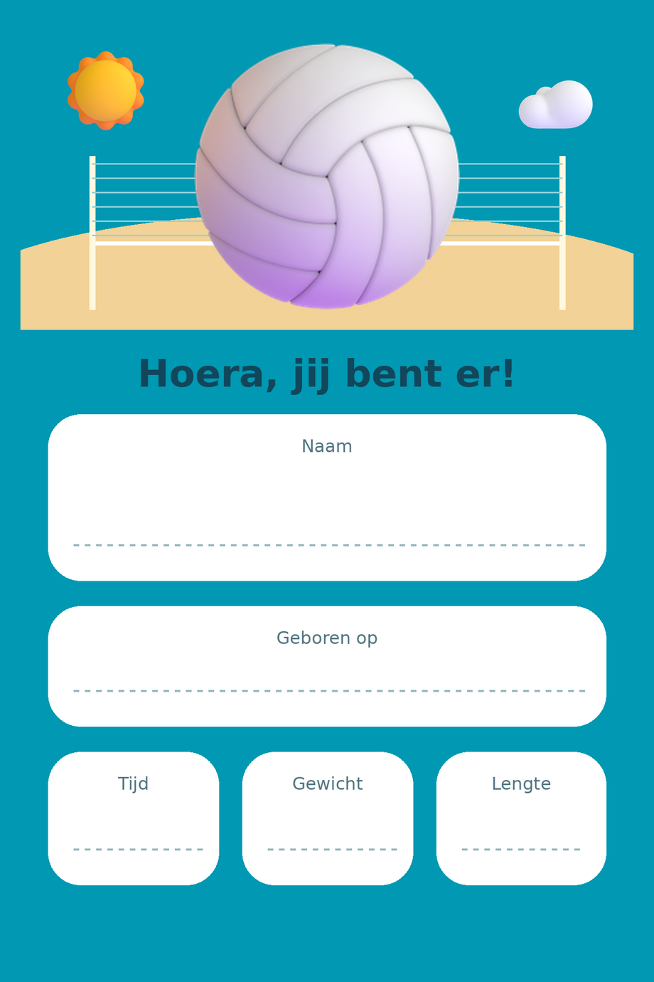 Geboortebord Volleybal & Strand — met lege gegevensvelden