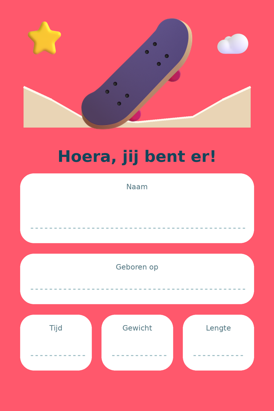 Geboortebord Skateboard & Streetpark — met lege gegevensvelden