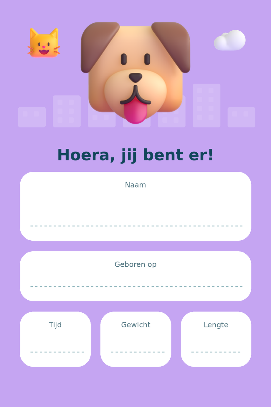 Geboortebord Dierenarts & Dierenvrienden — met lege gegevensvelden
