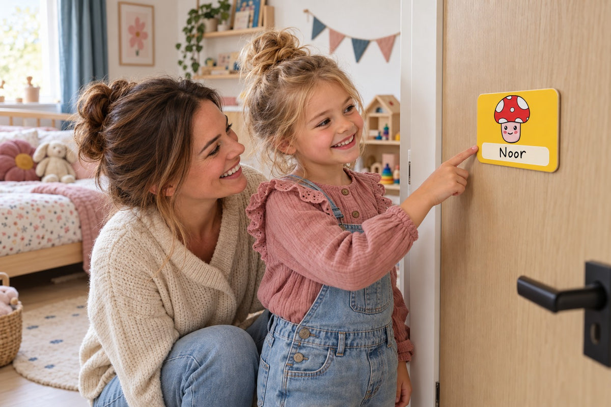 Sfeerinspiratie: een ouder en kind bij een persoonlijk paddenstoelbordje aan de slaapkamerdeur