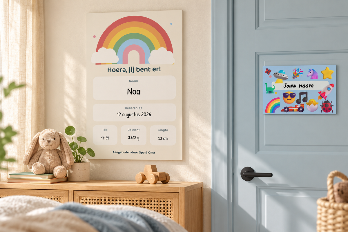 Warme kinderkamer met een regenbooggeboortebord en een zelf ontworpen naambordje
