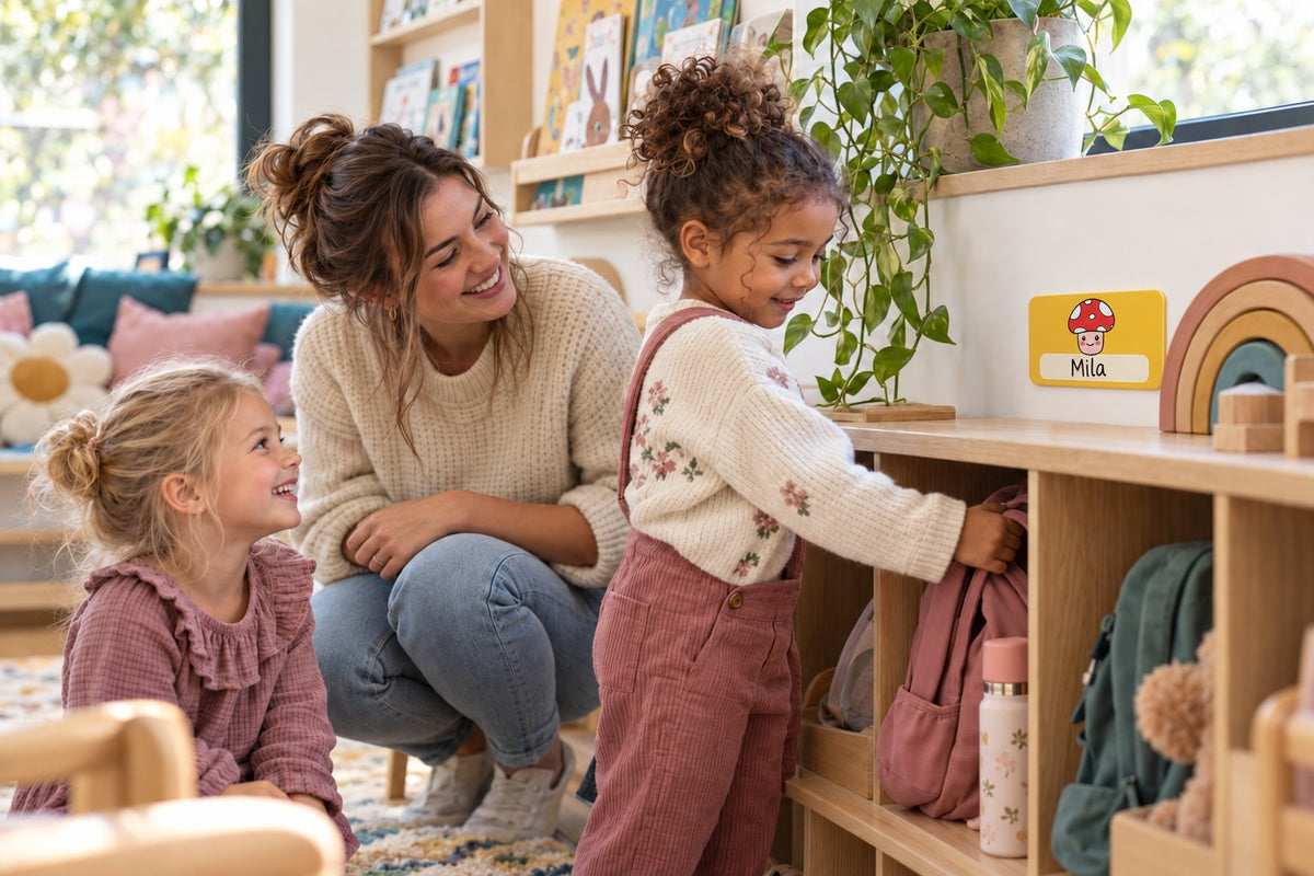 Sfeerinspiratie: kinderen en een begeleider bij een persoonlijk bordje in een warme speelhoek