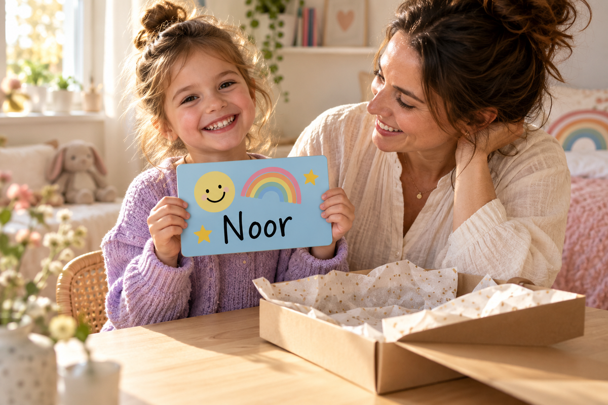 Ouder en kind met een eigen ontworpen naambordje