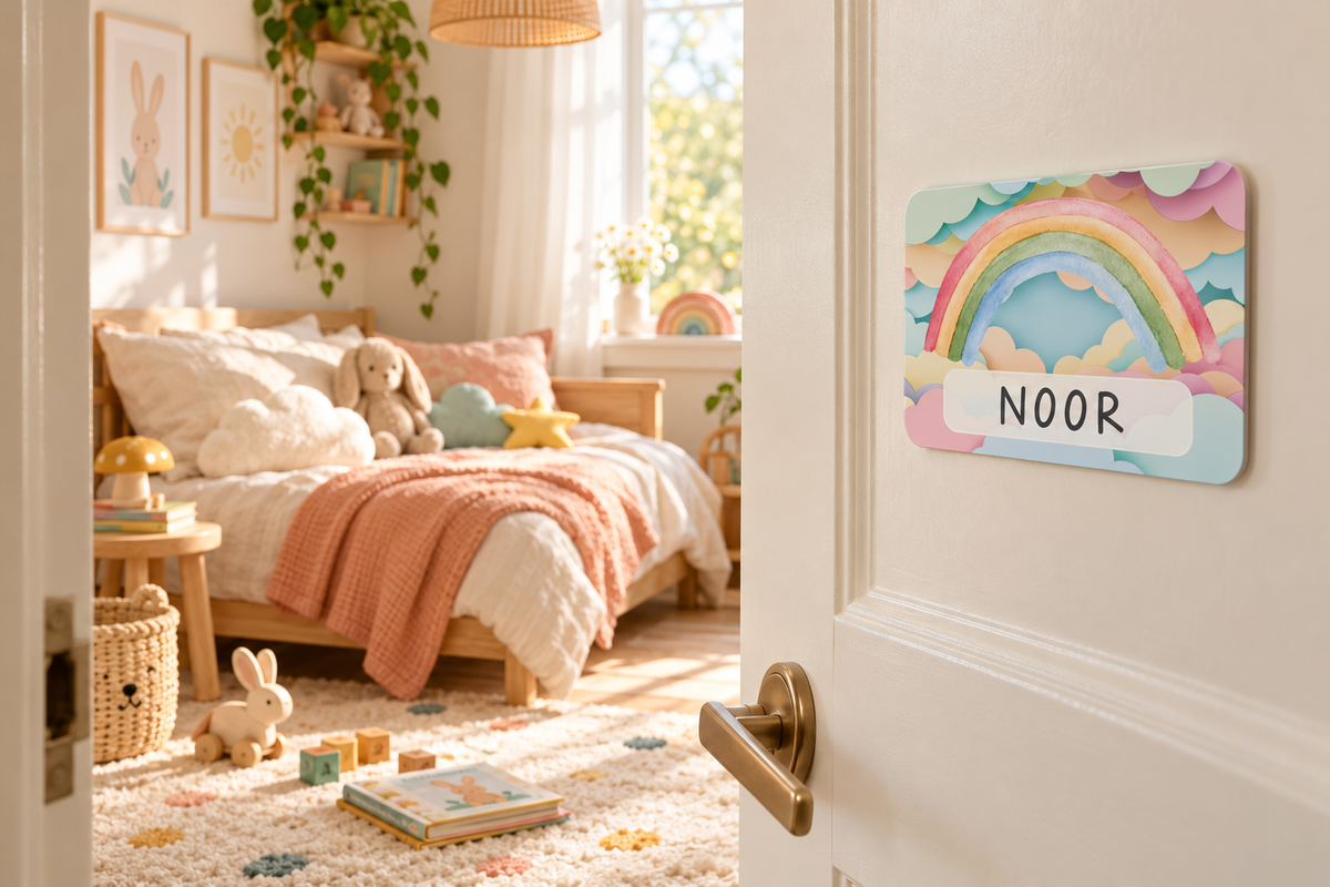 Een vrolijk naambordje op een kinderkamerdeur